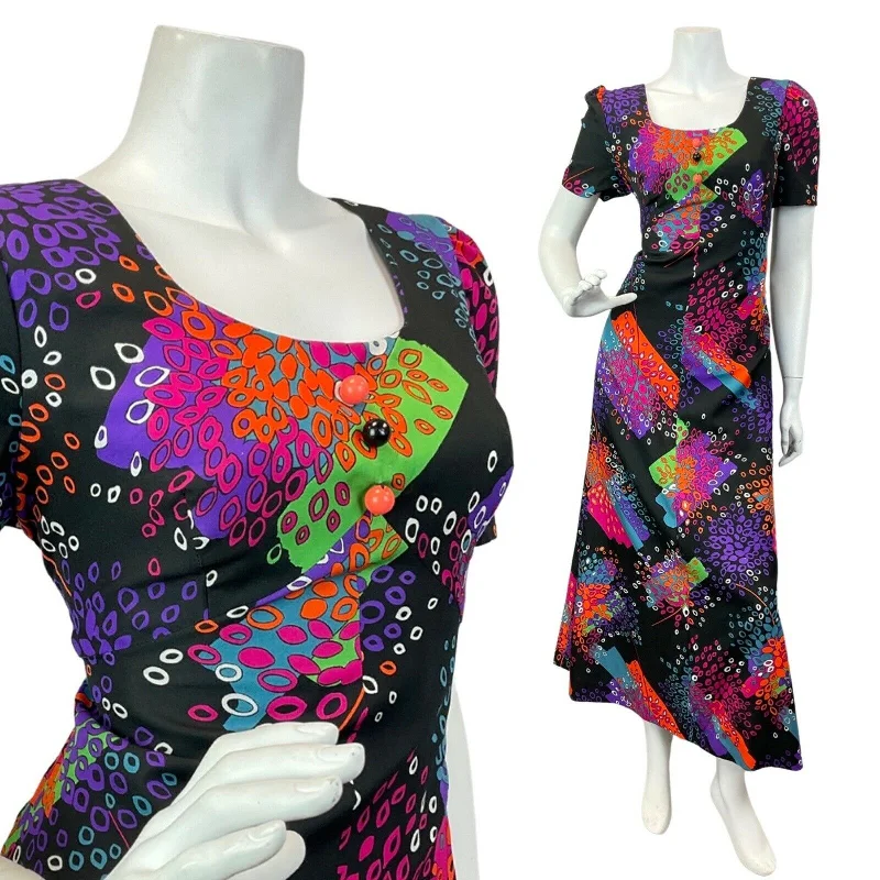 Price Buster VINTAGE 60s 70s BLACK PURPLE GREEN ABSTRACT LEAFY PSYCHEDELIC MOD MAXI DRESS 12 Price Buster VINTAGE 60s 70s BLACK PURPLE GREEN ABSTRACT LEAFY PSYCHEDELIC MOD MAXI DRESS 12