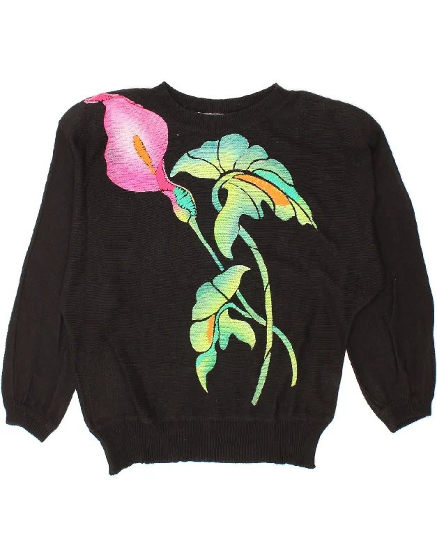 Lowest Price VINTAGE Womens Boat Neck Jumper Sweater UK 14 Medium Black Floral Cotton