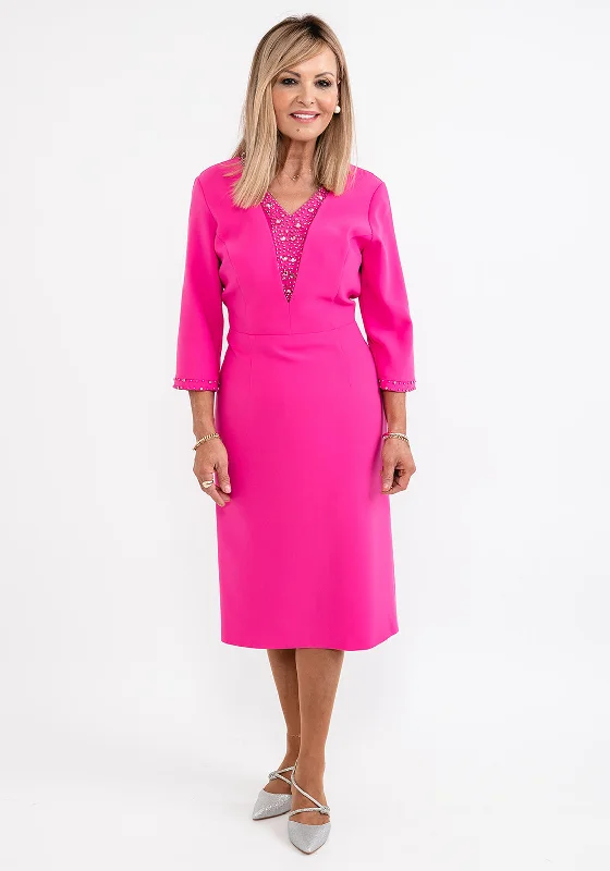 Stock Clearance Lizabella Embellished Trim Pencil Dress, Hot Pink