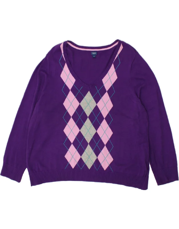 IZOD Womens V-Neck Jumper Sweater UK 22 3XL Purple Argyle/Diamond Cotton