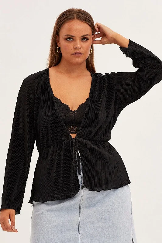 Mega Sale Black Plisse Jacket Tie Front Long Sleeve