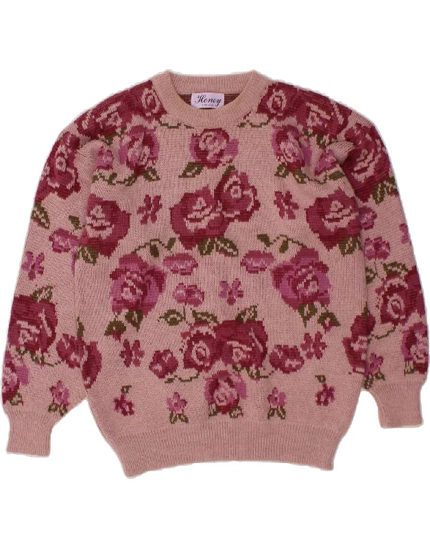 VINTAGE Womens Crew Neck Jumper Sweater One Size Pink Floral Acrylic