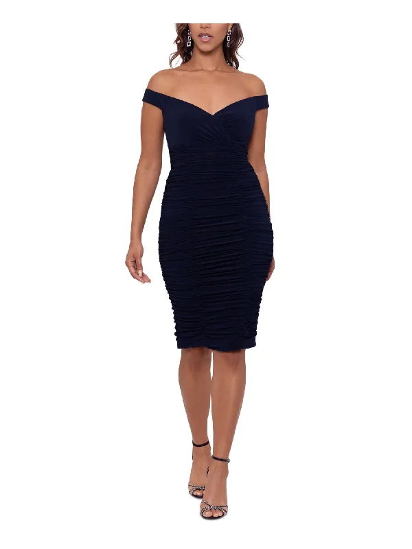 Epic Deals XSCAPE Womens Navy Ruched Zippered Slit Lined Padded Boning Short Sleeve Off Shoulder Knee Length Evening Body Con Dress