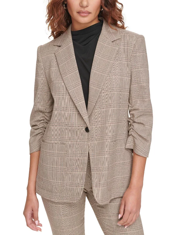 Petites Womens Houndstooth Ruched One-Button Blazer