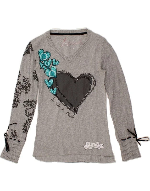 DESIGUAL Womens V-Neck Jumper Sweater UK 10 Small Grey Paisley Heart