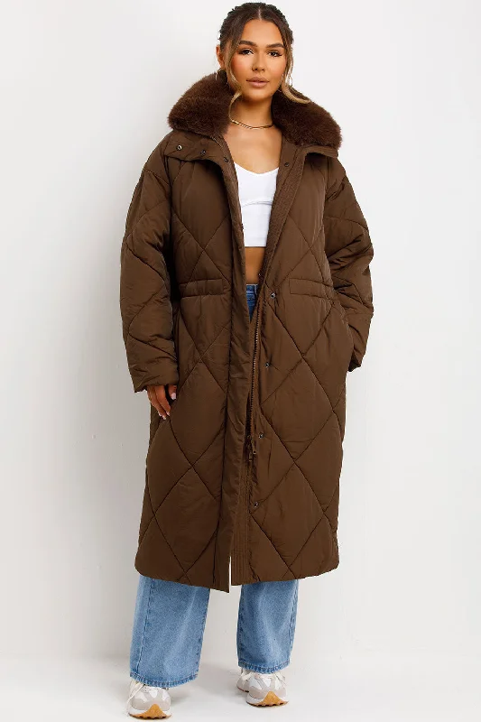 YEAR-End Sale Long Puffer Quilted Coat With Fur Collar Brown