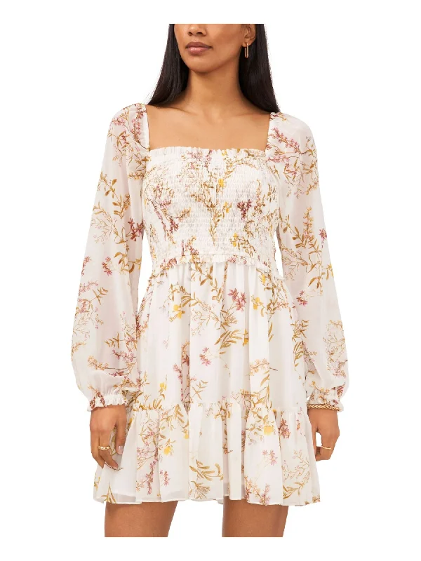 Deal Explosion 1. STATE Womens White Smocked Lined Ruffled Hem Floral Balloon Sleeve Square Neck Short Fit + Flare Dress Deal Explosion 1. STATE Womens White Smocked Lined Ruffled Hem Floral Balloon Sleeve Square Neck Short Fit + Flare Dress