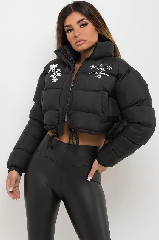 Exclusive Savings Crop Puffer Jacket With NYC Embroidery Black