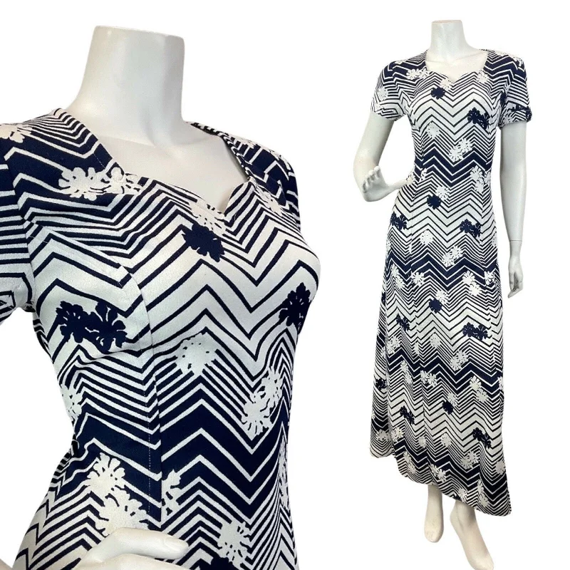 Buy More, Save More VINTAGE 60s 70s WHITE NAVY BLUE ZIG-ZAG FLORAL OP-ART MOD MAXI DRESS 10 12