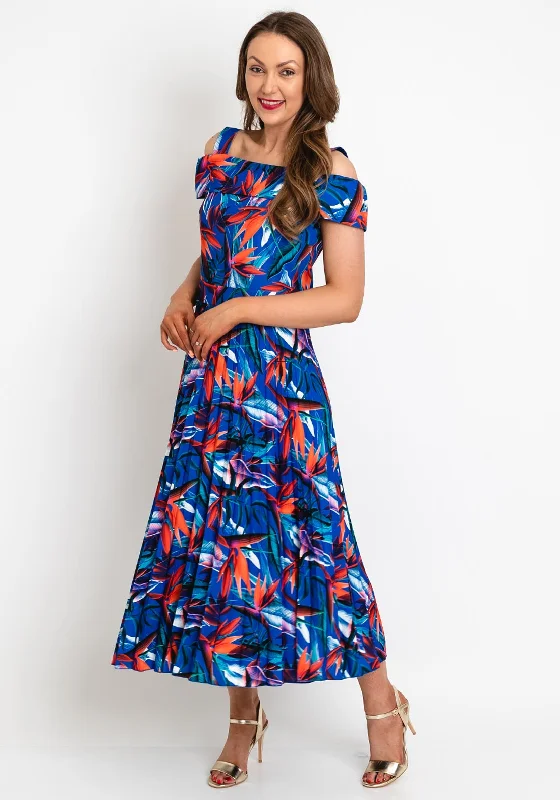 Price Reduction Coco Doll Floral Print Pleated Midi Dress, Royal Blue & Orange