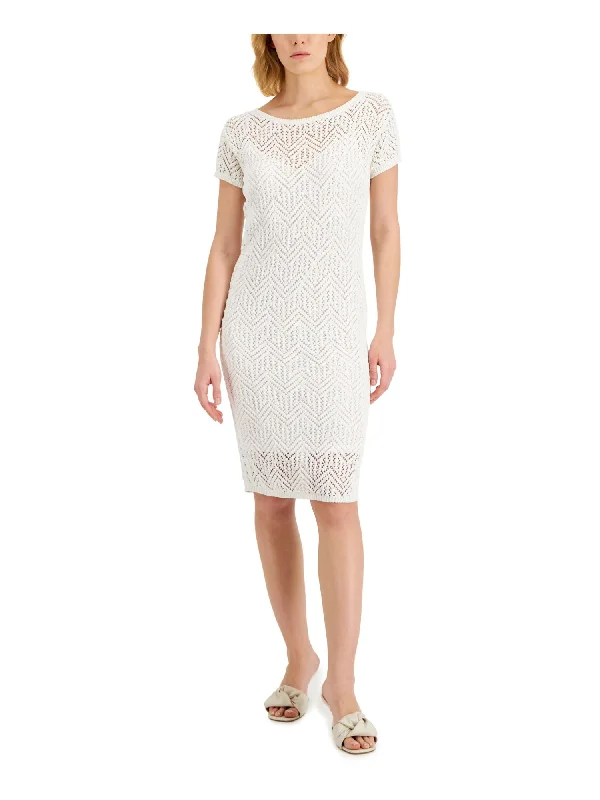 New Markdowns DONNA KARAN NEW YORK Womens Ivory Lined Ribbed Trim Pullover Short Sleeve Scoop Neck Knee Length Wear To Work Sheath Dress New Markdowns DONNA KARAN NEW YORK Womens Ivory Lined Ribbed Trim Pullover Short Sleeve Scoop Neck Knee Length Wear To Work Sheath Dress