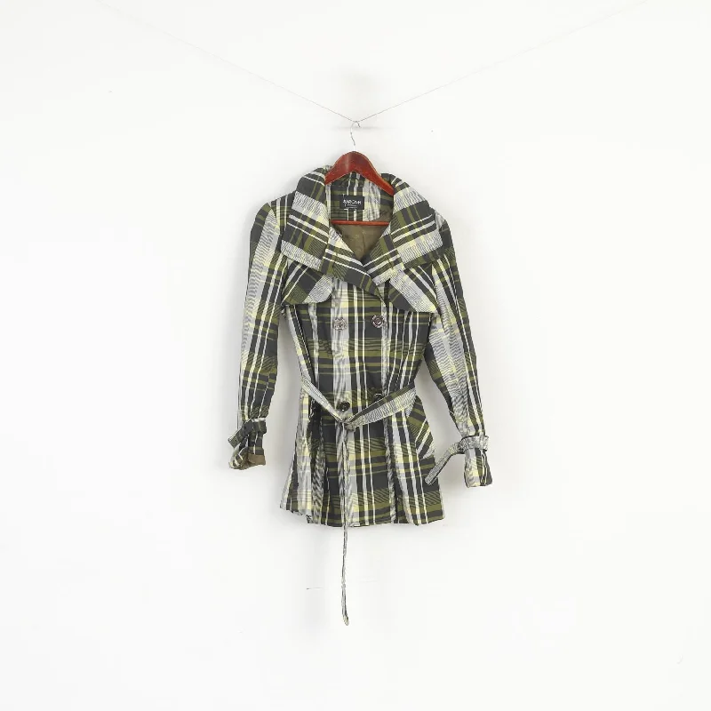 Early Access Sarosh Women S Coat Green Shiny Check Double Breasted Belted Classic Top
