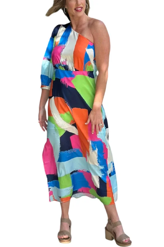 Major Savings One Shoulder Column Dress In Multi Brush
