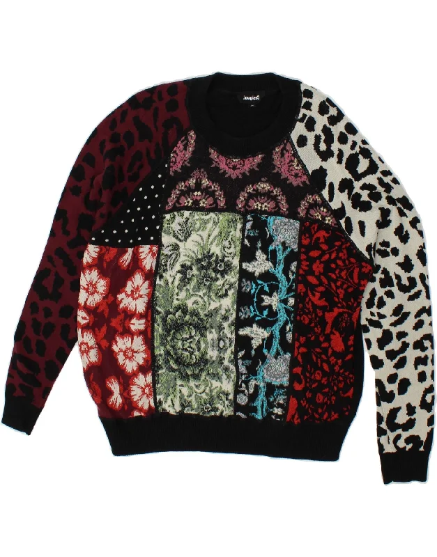 Price Slash DESIGUAL Womens Crew Neck Jumper Sweater UK 18 XL Black Patchwork Cotton