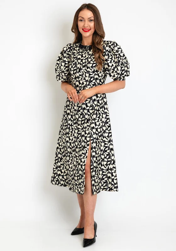 Clearance Items Exquise Puff Sleeve Printed A Line Dress, Black & Cream