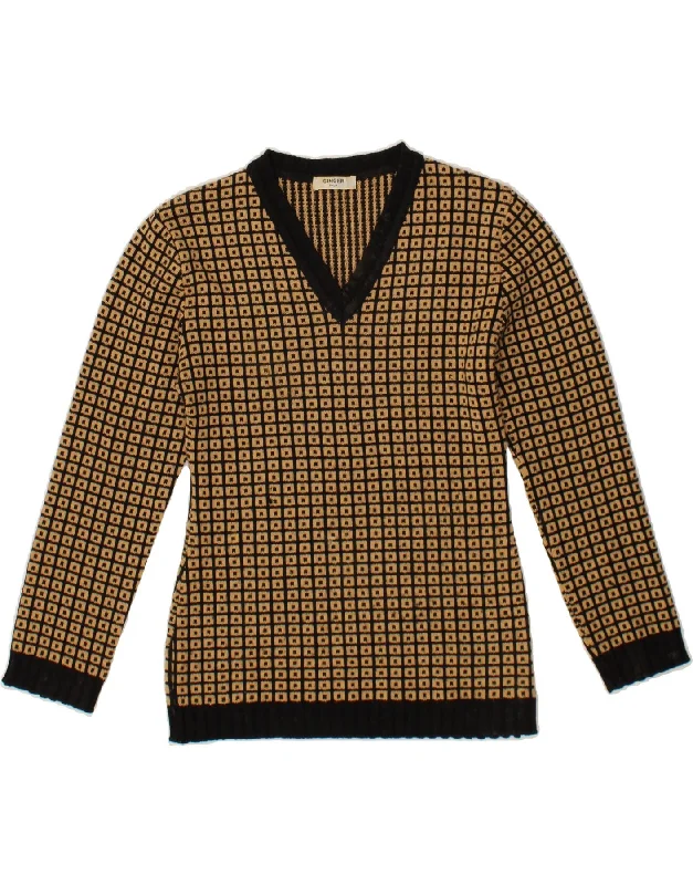 Act Now VINTAGE Womens V-Neck Jumper Sweater UK 14 Medium Brown Geometric Cashmere