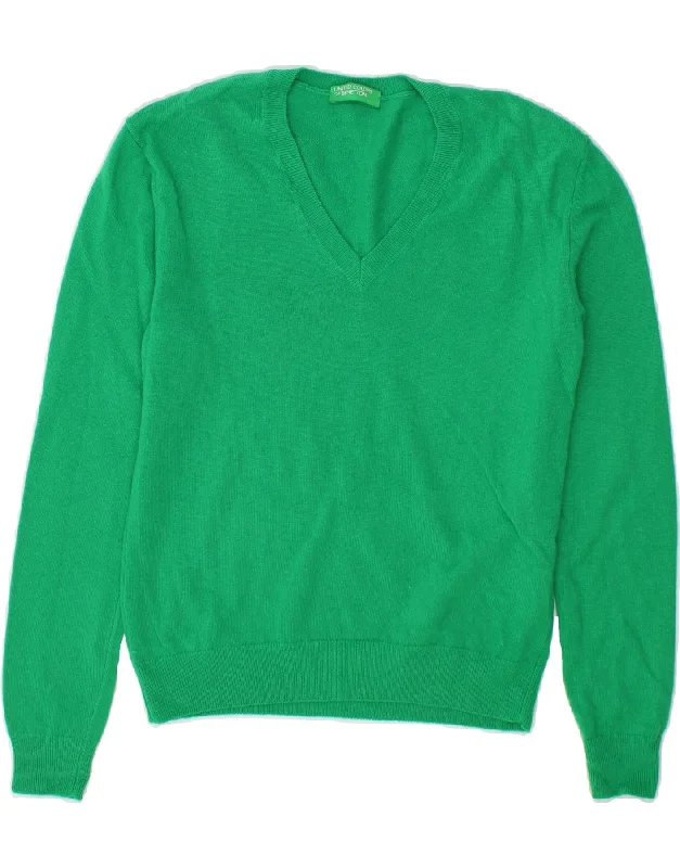 BENETTON Womens V-Neck Jumper Sweater UK 10 Small Green New Wool