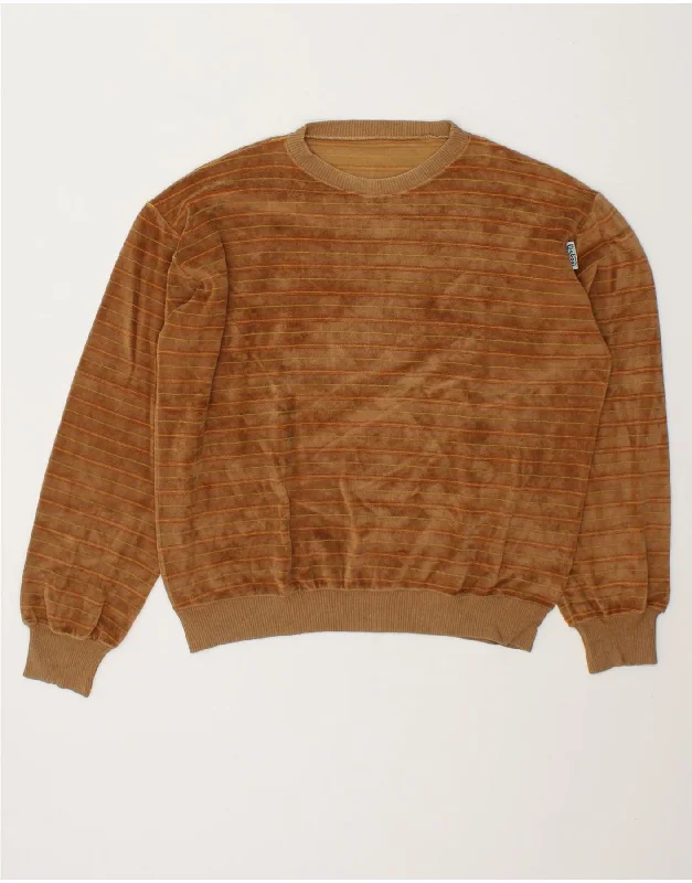 VINTAGE Womens Crew Neck Jumper Sweater UK 16 Large Brown Striped