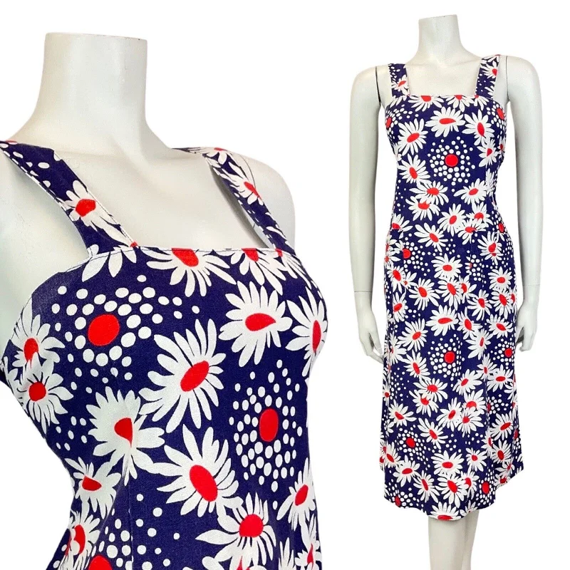 Massive Deals VINTAGE 60s 70s BLUE WHITE RED DAISY FLOWER DOTTY SUMMER APRON DRESS 10