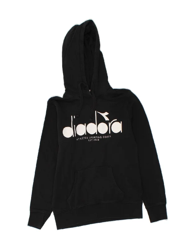 DIADORA Womens Graphic Hoodie Jumper UK 6 XS Black Cotton