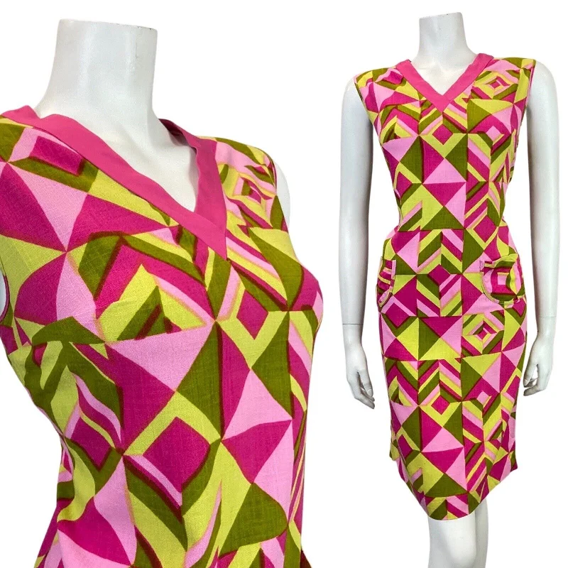 Bonus Savings VINTAGE 60s 70s PINK YELLOW GOLD GEOMETRIC SLEEVELESS A-LINE SHIFT DRESS 12