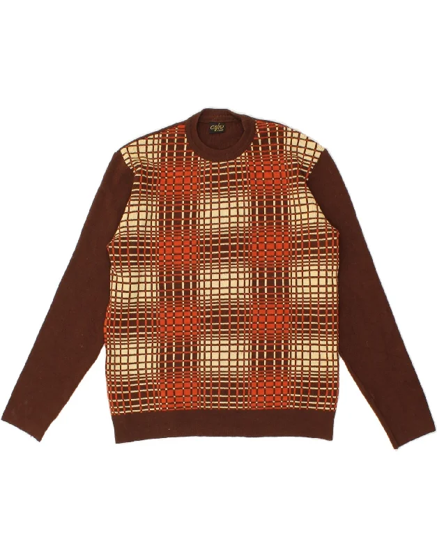 Super Bargain VINTAGE Womens Crew Neck Jumper Sweater UK 14 Medium Brown Check Wool