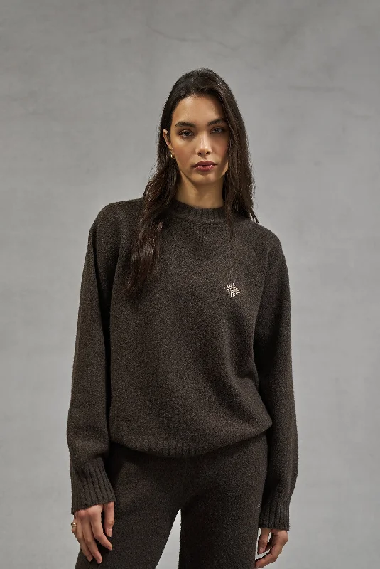 Customer Appreciation Sale FLUFFY KNIT EMBLEM EMBROIDERED CREW - BROWN