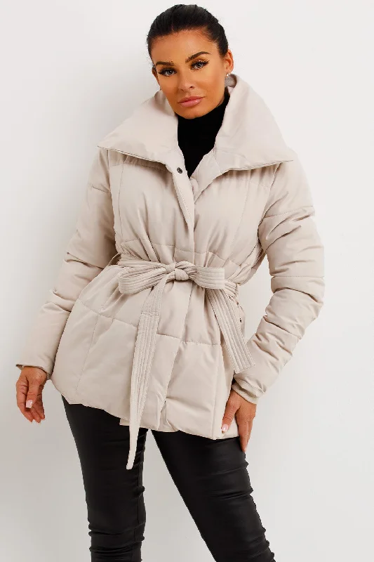 Closeout Beige Duvet Padded Jacket With Belt