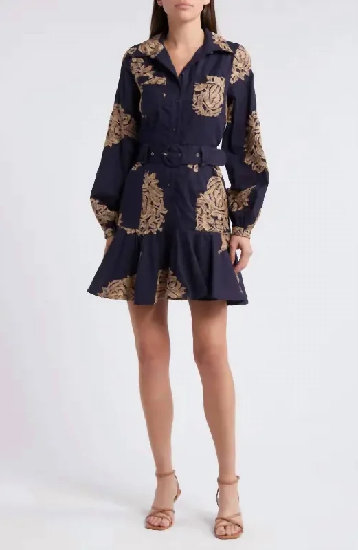 Ina Long Sleeve Embroidered Shirt Dress In Navy Tan