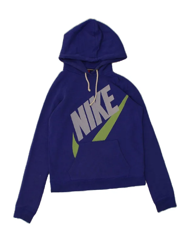 NIKE Womens Graphic Hoodie Jumper UK 10 Small Blue Cotton