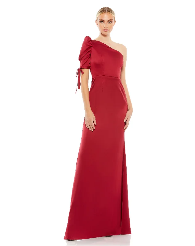 Satin One Shoulder Puff Sleeve Trumpet Gown