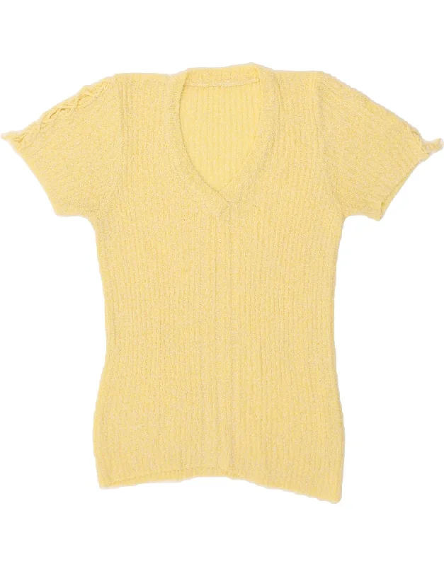 Today’s Deal VINTAGE Womens Short Sleeve V-Neck Jumper Sweater UK 12 Medium Yellow