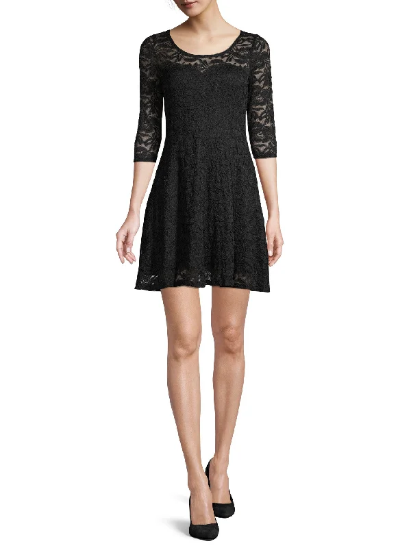Reduced Prices MATERIAL GIRL Womens Black Lace 3/4 Sleeve Jewel Neck Mini Party Fit + Flare Dress
