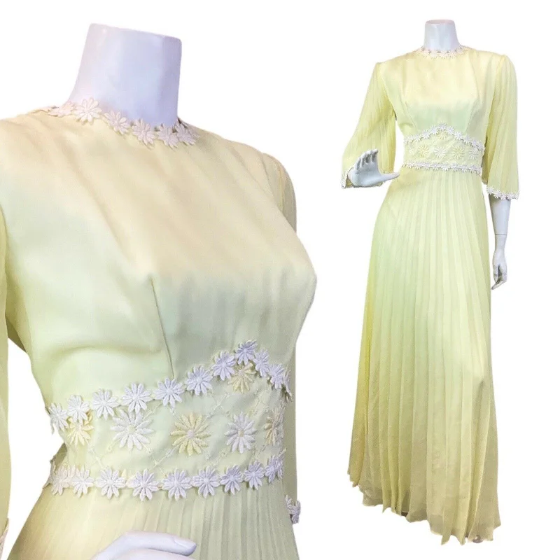 Price Rollback VINTAGE 60s 70s PASTEL YELLOW WHITE DAISY FLOWER BOHO MOD SHEER MAXI DRESS 10