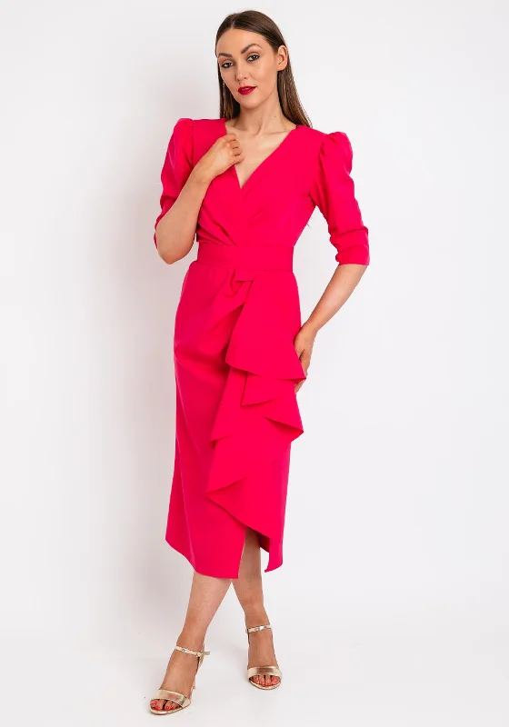 Closeout Sale Herysa Clarisa Ruffle Drape Front Midi Dress, Fuchsia
