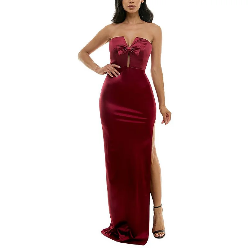 Juniors Womens Slit Sateen Evening Dress