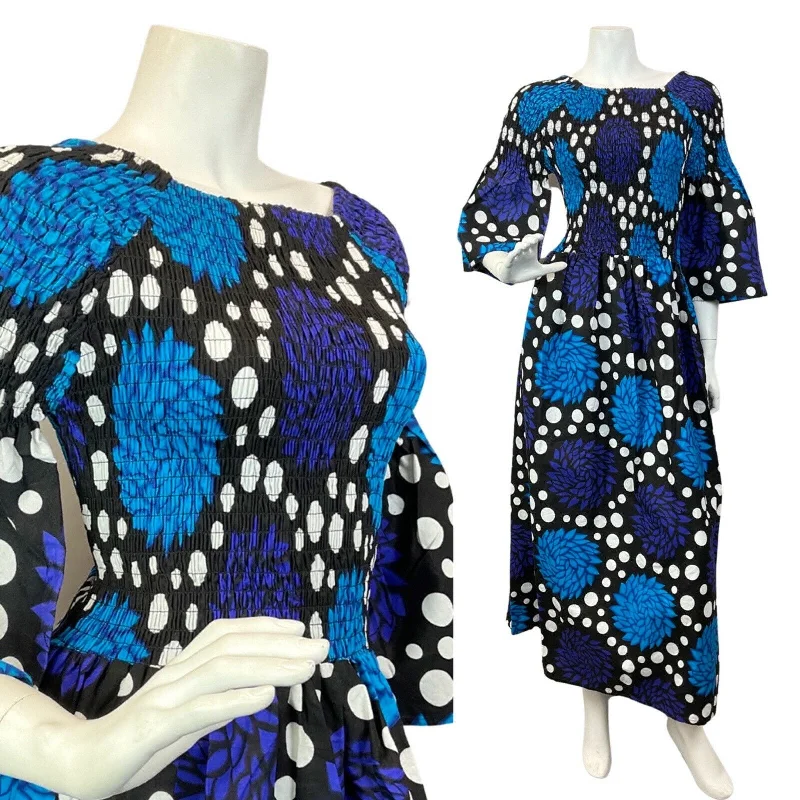 Fantastic Offers VINTAGE 70s BLUE BLACK WHITE POLKA-DOT FLORAL SHIRRED PSYCHEDELIC MAXI DRESS 6 8