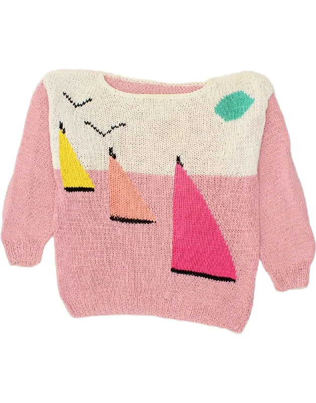 VINTAGE Womens Graphic Boat Neck Jumper Sweater UK 16 Large Pink