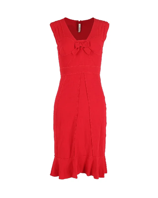 Hurry In Prada V-neck Bow Midi Dress in Red Acetate