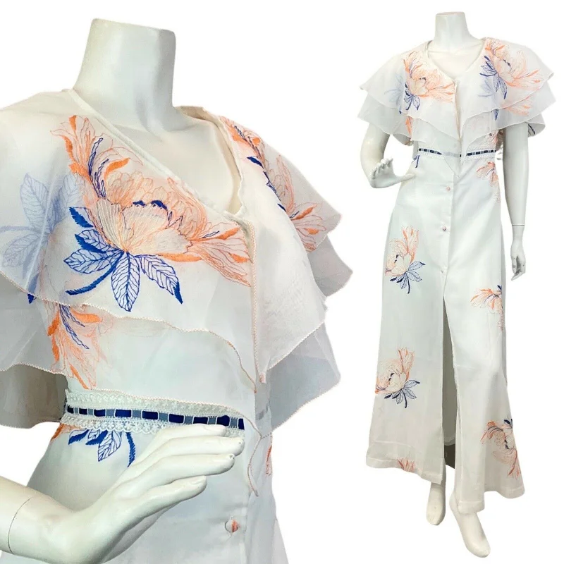 Instant Discount VINTAGE 60s 70s WHITE BLUE ORANGE FLORAL LEAFY EMBROIDERED BOHO MAXI DRESS 12