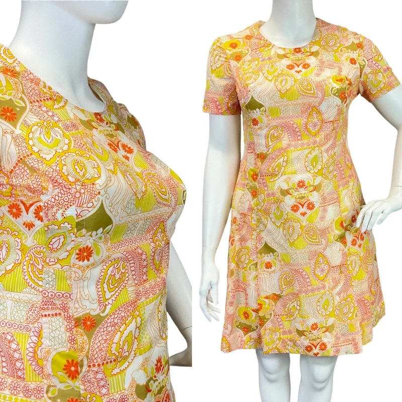 Sale Event VINTAGE 60s 70s YELLOW RED WHITE PSYCHEDELIC PAISLEY FLORAL MOD DRESS 16 18