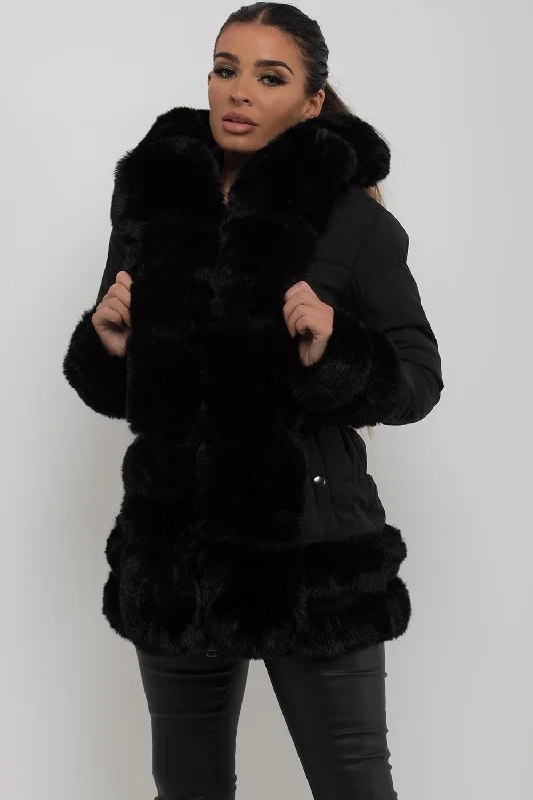 Online Exclusive Puffer Jacket With Fur Hood Cuff And Trim Black