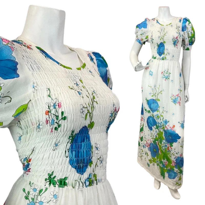 Year-End Sale VINTAGE 60s 70s WHITE BLUE GREEN DAISY POPPY FLORAL BOHO PRAIRIE MAXI DRESS 8
