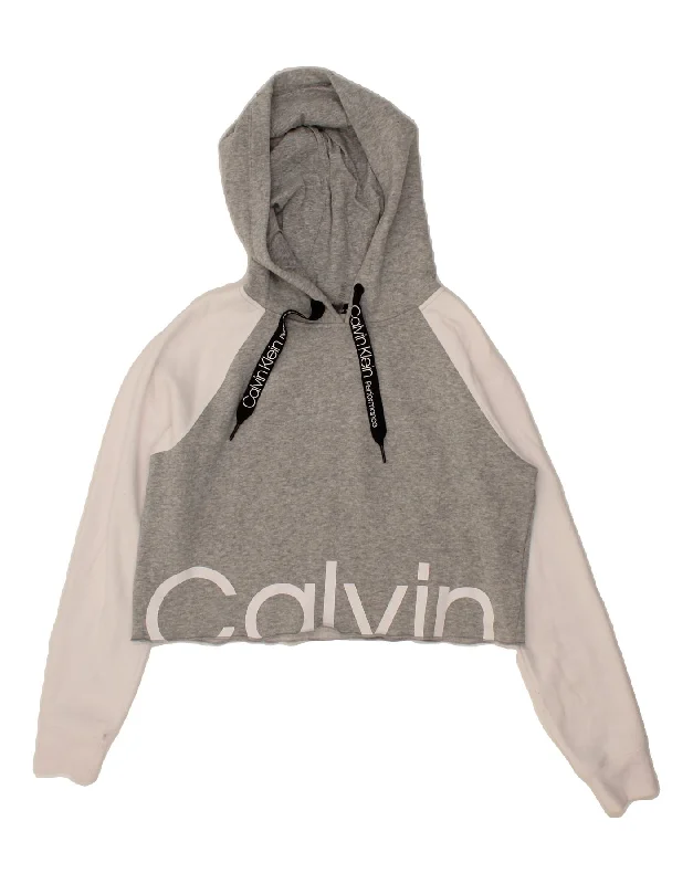 Time-Limited Offer CALVIN KLEIN Womens Graphic Crop Hoodie Jumper UK 10 Small Grey