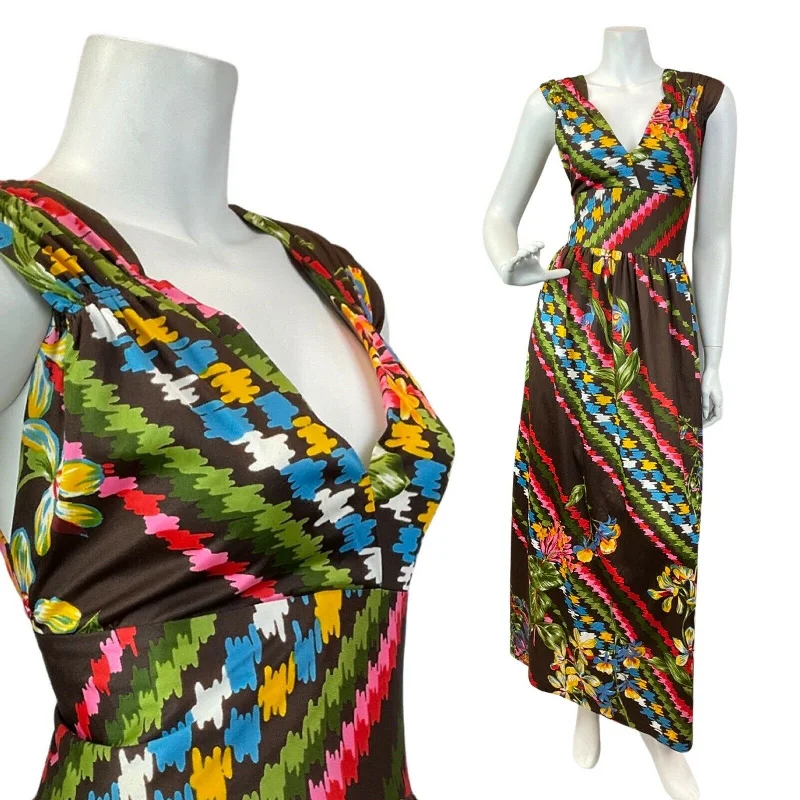 Incredible Offers VINTAGE 60s 70s BROWN BLUE RED STRIPED FLORAL V-NECK SLEEVELESS MAXI DRESS 10
