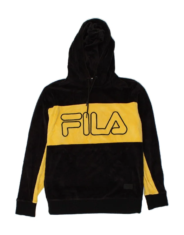 FILA Womens Graphic Hoodie Jumper UK 14 Medium Black Colourblock Cotton