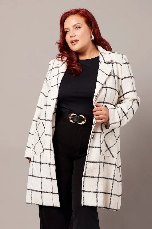 White Check Long Coat Lined Button Front