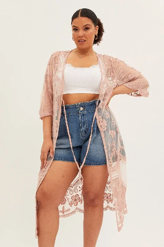 Pink Mesh Kimono Short Sleeve Embroidered