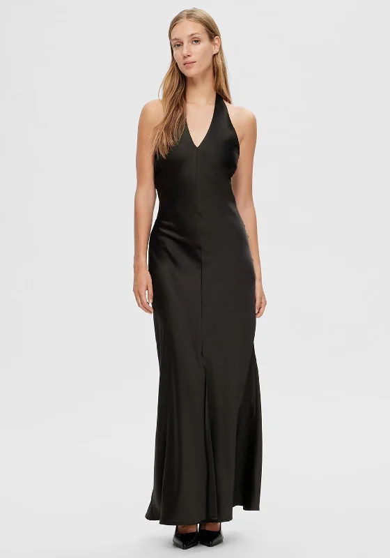 Selected Femme Renata Neck Holder Satin Maxi Dress, Black