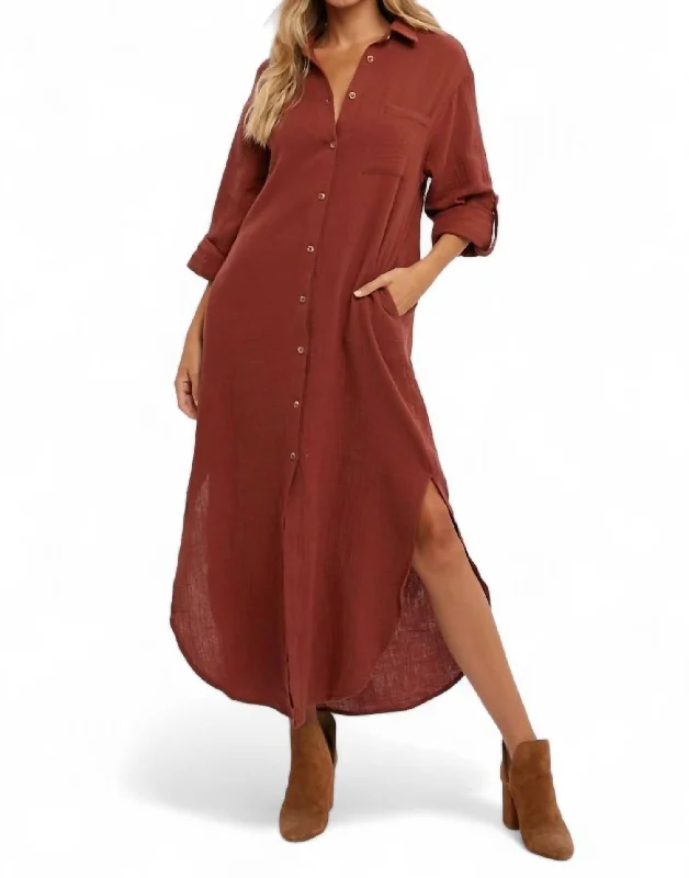 Seasonal Clearance Sarah Button Up Maxi Shirt Dress With Pocket In Brick